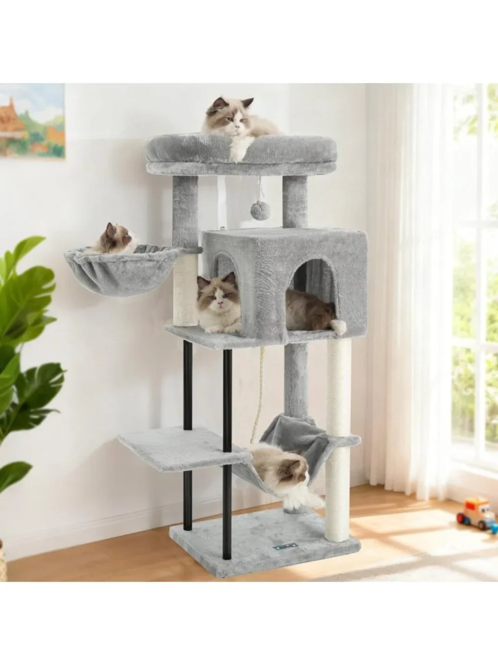 Cozy 43.3'' Cat Tree Tower with Hammock, Scratching Post & Large Platform, Light